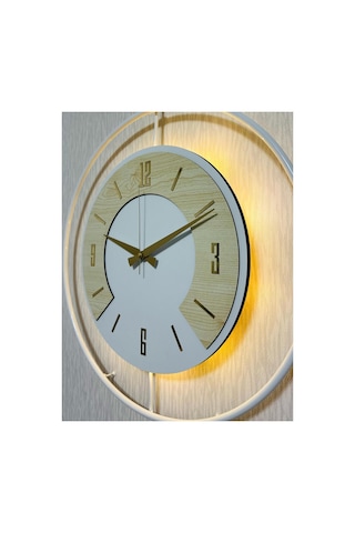 Pey Aksesuar Işıklı Orijinal Metal- İskandinav Metal Duvar Saati 50x70 Büyük Boy Cm Metal Ahşap Ve Işığın Muhteşem Uyumu Duvar Saati Dekoratif Ahşap-m54-beyaz-beyaz-akça-gold