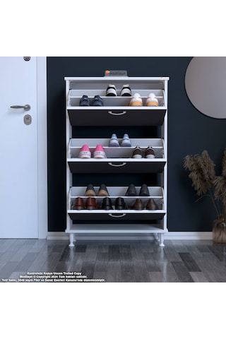 Modilayn Varbi Kapı Önü 72x 127x 26 Cm Lik 3 Düşer Kapak 6 Göz Raf Bölmeli Ayakkabılık Beyaz-antrasit