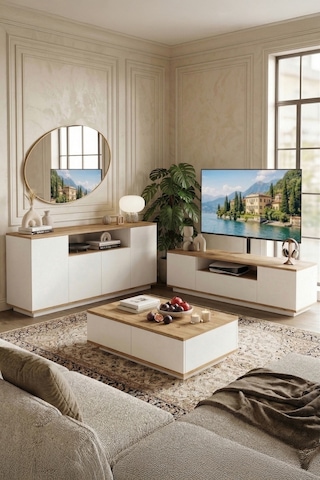 Yurudesign Future Tv Ünitesi Orta Sehpa Konsol 3'Lü Set Çam-Beyaz FR18-AW
