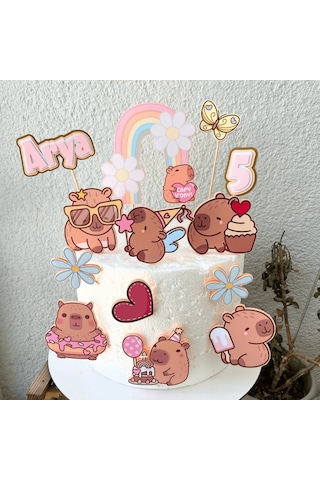Kapibara Capybara Temalı Kız Çocuk Doğum Günü İsme Özel 3d Çubuklu Pasta Süsü Seti Çocuk