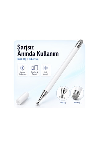 Samsung Galaxy Tab A9 X110 İle Uyumlu Çift Uçlu Dokunmatik Kalem Disk Fiber Uç Beyaz