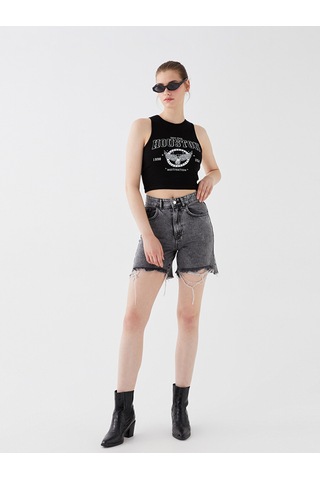 Lcw Jeans Siyah Bermuda Fit Yırtık Detaylı Kadın Jean Şort