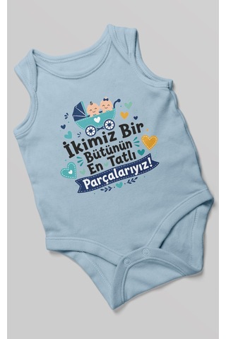 Morivokids İkimiz Bir Bütünün Yazılı Sıfır Kollu Bebek Zıbını %100 Pamuk Bebe Mavisi