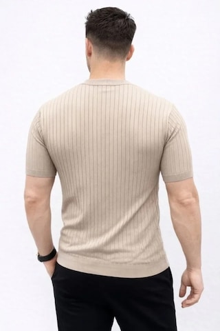 Defymoda Erkek Kısa Kol Fitilli Triko T-shirt Yazlık Hakim Yaka Tişört - Bej