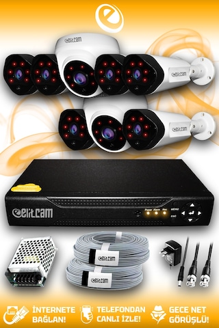 Elitcam 8 Kameralı Uzay 2 İç Kamera Set HDD'siz Full HD Gece Görüşlü Güvenlik Kamerası Sistemi
