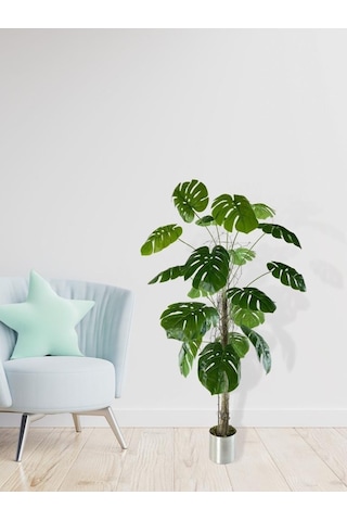 Gümüş Saksılı Yapay Monstera 18 Dallı Çalılı Gövde 120 x 60 CM