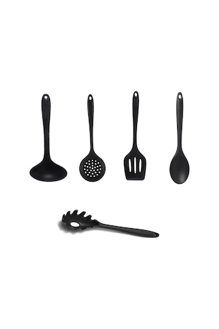 Qerhome 5 Parça Tamamı Silikon Yanmaz Yapışmaz Silikon Mutfak Seti Siyah