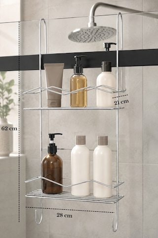 Parlak Silver Duşakabin Askılı 2 Katlı Banyo Rafı Şampuanlık Düzenleyici Metal Askılık