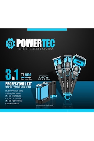 Powertec TR-5500 3in1 Profesyonel Bakım Kiti Saç Sakal Ense Vücut Günlük Tıraş Makinesi Seti 3 - 4 Saat Mavi - Siyah