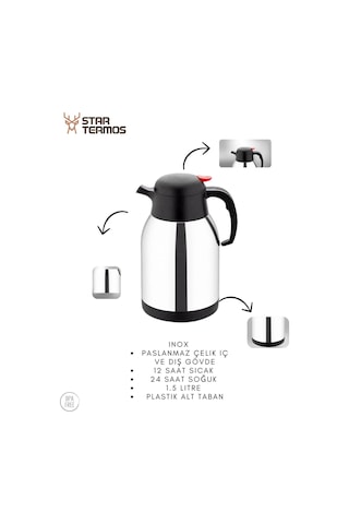 Star Termos 1 .5 Litre Çift Kat Paslanmaz Çelik Termos Piknik Kamp Outdoor Ofis Otel Kafe Okul Sth-6155 Siyah