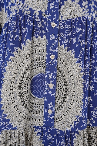 Gabria Ön Düğmeli Desenli Viskon Elbise Saks Mavi - Beyaz