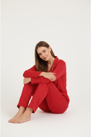 Bravie Luxury Viscose Kırmızı Puantiye Desenli Kadın Uzun Kollu Büyük Beden Pijama Takımı 42517 Bordo