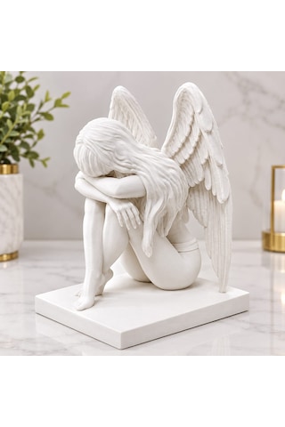3d Melek Heykeli Kanatlı Diz Çöken Melek Biblo Dekoratif Heykel - 15 Cm 15x12