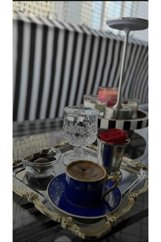 Gümüş Üzeri Gold Gül Figürlü Sunum Tepsisi Tek Kişilik Dekoratif Kare Servis Kahve Çay Tepsisi Altın - Gümüş