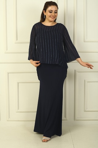 İçi İp Askılı Astarlı Uzun Sandy Elbise Arkası Düğmeli Boncuklu Şifon Bluz Büyük Beden 2'li Takım Lacivert