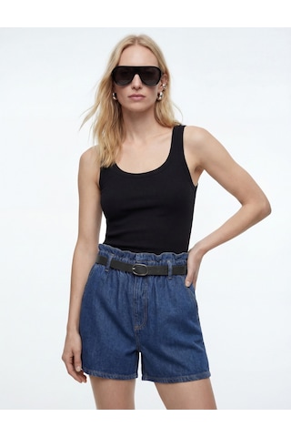 Koton Yüksek Bel Cepli Pamuklu Kemerli Denim Şort Koyu İndigo 6sal40038md