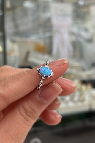 925 Ayar Gümüş Oval Mavi Opal Taşlı Vintage Yüzük Gümüş