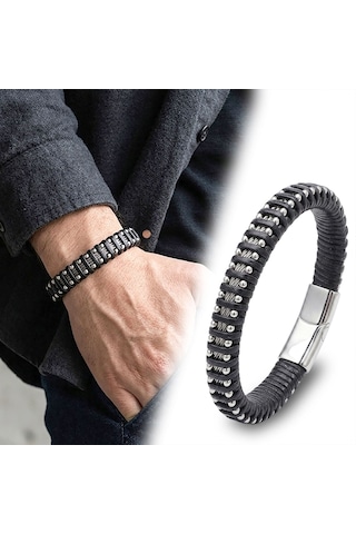 Premium 316l Çelik Halat Ve Çelik Damla Zincir Deri Dolama Bileklik Siyah 31834b1d8 - 21 Cm Siyah - Gümüş
