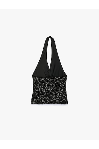 Koton Payetli Halter Yaka Kolsuz Drapeli Kruvaze Abiye Bluz Siyah 7wak60005fk