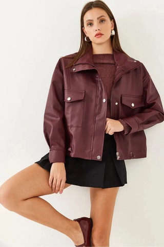 August Yanlardan Büzgü Detaylı Deri Ceket - Oversize Bordo Bordo