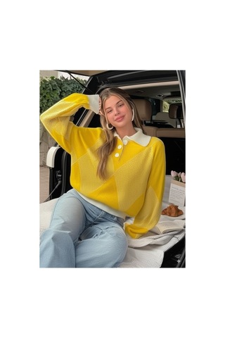 Flex Fashıon Kadın Polo Yaka Trend Oversize Popüler Triko Kazak Sarı Sarı - 744392241 Sarı - 744392241 Sarı