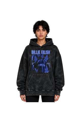 Sevbano Billie Eilish Şarkıcı Baskılı Unisex Oversize Yıkamalı Hoodie Swe Siyah