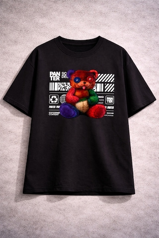 Yolo Street Oversize Siyah T-shirt 250 Gsm %100 Pamuk Renkli Teddy Bear Baskılı Streetwear Unisex Siyah