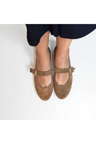 Ne&ve Shoes Camet Süet Hakiki Deri Yuvarlak Burunlu Tokalı Kadın Babet Camel