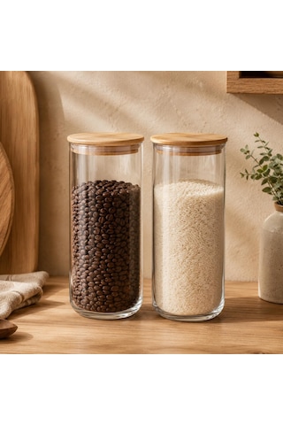 Tr 2'li Bambu Kapaklı Cam Saklama Kavanozu Seti 1400 Ml, Sızdırmaz Silikon Contalı Şeffaf Erzak Kabı, Makarna Bakl Genel