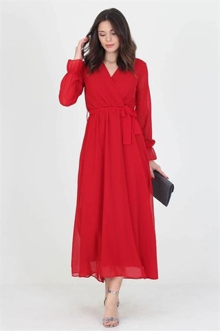 Dip Moda Kadın Kuşaklı Astarlı Uzun Şifon Elbise Dpnb003 Kırmızı