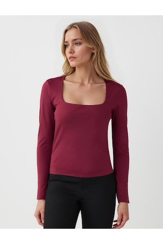 Jimmy Key Bordo Kare Yaka Dar Kesim Uzun Kollu Örme Bluz 5ww035899562