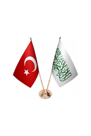 Masa Üstü Beyaz Kelimei Tevhid Bayrağı Türk Bayrağı İkili Pirinç