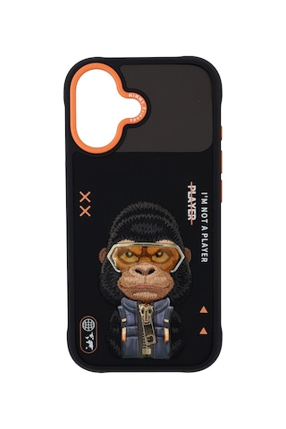 Apple Uyumlu iPhone 17 3d Gözlük Fermuar Gorilla Detaylı Nakış İşlemeli Cool Cute Tasarım Kılıf Şeffaf