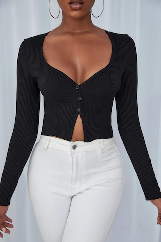 Beru Kadın Siyah Uzun Kollu Düğme Detaylı Göğüs Ve Göbek Dekolteli Crop Top Bluz Premium Stil L - XL