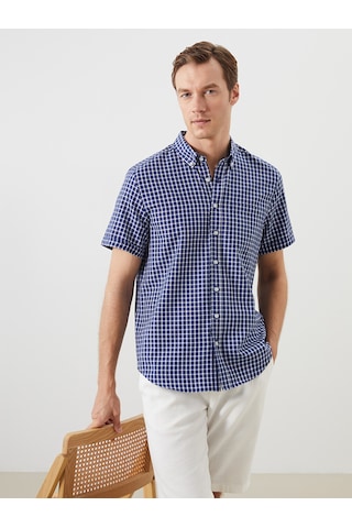 Lcwaıkıkı Classic Lacivert Regular Fit Kısa Kollu Ekose Oxford Erkek Gömlek