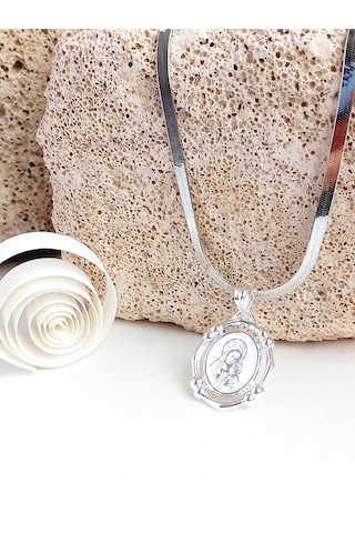 Gümüş Marıa Madalyon Tasarım Kolye Yılan Zincir Kadın Kolye