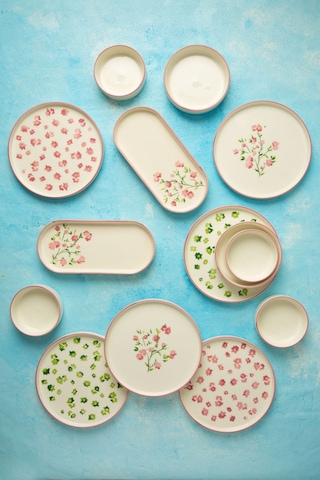 Kevin Seramik Berthe Çiçekli 14 Parça 6 Kişilik Kahvaltı Takımı Beyaz - Pembe