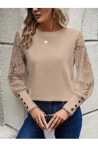 Saklımoda Kadın Uzun Kollu Bisiklet Yaka Kolları Çiçekli Waffle Bluz Bej