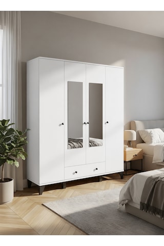 Vento Modern 4 Kapaklı Aynalı Fonksiyonel Yatak Odası & Genç Odası Elbise Dolabı - Beyaz