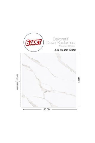 60x60 Cm Kendinden Yapışkanlı Duvar,banyo,tezgah Arası Beyaz Mermer-6 Adet 60 X 60 Cm