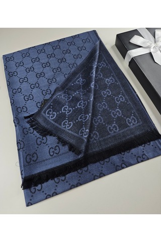 Miorel Scarfs G Desen Çift Taraflı Kaşmir İpek Şal 4 Mevsim Soft Pamuklu Şal Lacivert