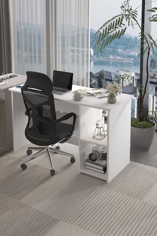 Lina Modern Çalışma Masası 120x60 Cm Raflı Bilgisayar Masası Ofis Ve Ev Çalışma Masası Beyaz