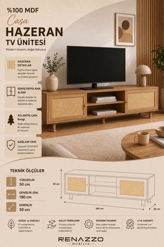 Renazzo %100 Mdf Casa Hazeran Tv Ünitesi Atlantik Çam 180x50 Cm