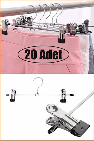 Mandallı Metal Pantolon & Etek Askısı Gümüş 20 Adet Krom