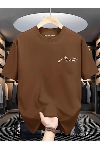 Beyaz Dağ Baskılı Oversize Tişört Kahverengi