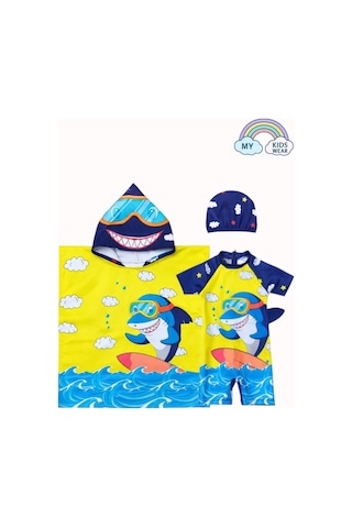 My Kids Wear Erkek Çocuk Deniz Kombini 3 Lü Set Mayo, Havlu Ve Bone 12585 Kırmızı - Sarı