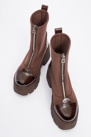 Luvishoes Joya Kahve Rugan Scuba Kalın Taban Kadın Bot Kahverengi