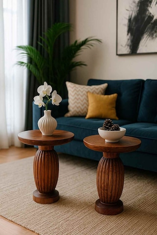 Doğal Masif Ahşap Yan Sehpa Seti 2 Li Meşe Renk Zigon Ve Fiskos Meşe