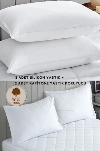 2 Adet Silikon Yastık - 2 Adet %100 Pamuk Yastık Koruyucu 50x70cm Beyaz
