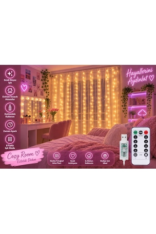 10 Sarkıtlı 8 Modlu 3x3 Metre Gün Işığı Perde Led Işık Usb Kumandalı Yılbaşı Parti Aydınlatması